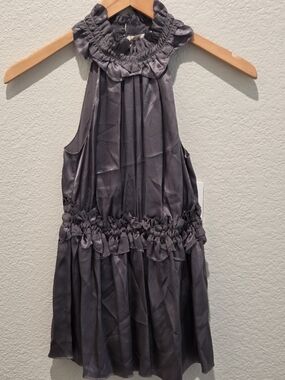 Max Studio 100% Silk Sleeveless Ruffled Neck Formal Top Charcoal Gray XS NEW